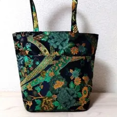 Ｈ71 牡丹 菊 ハンドメイドトートバッグ 緑黒 金襴 和装バッグ 大き目