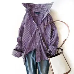 極美品♪ラルフローレン◆コットンストライプシャツ　ブラウス　刺繍　長袖　パープル