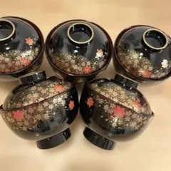 大人気！会津塗特選品金彩蒔絵花文様蓋付きお吸い物椀 5客セット お椀