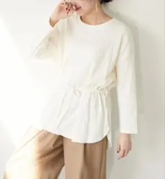 リボン付きテレコカットプルオーバー 長袖トップス チュニック　テ2