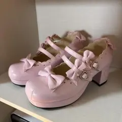 ロリータピンク リボン付き ヒールパンプス　シューズローファーのサムネイル