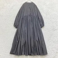 現行✨美品✨ビアズリー ギャザーワンピース マキシ 洗える バンドカラー グレー