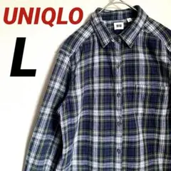 ユニクロ　フランネルチェックシャツ　長袖　コットン　レディース　Lサイズ　紺　緑