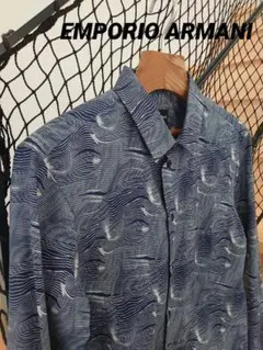 【美品】 エンポリオアルマーニ 長袖シャツ 総柄 波 ブルー 総柄 コットン