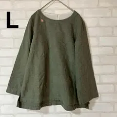 トップス　シンプル　ボートネック オリーブグリーンL