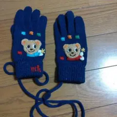 クマ刺繍 ネイビー ニット手袋