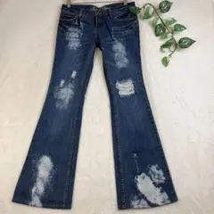 00s Y2K ブーツカットデニムパンツ ペイント ダメージ加工 平成ギャル M