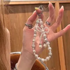 キラキラビジュー リボン スマホストラップ パール ビーズ 韓国風