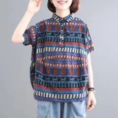 ボタン プリント 半袖 カジュアル 折り衿 ブラウス 体型カバー 着痩せ 配色