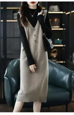 試着のみ美品 膝丈 サロペット ワンピース ニットワンピース キャメル