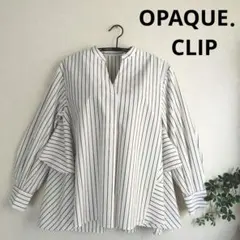 【オペークドットクリップ】ストライプ柄バックフリル　長袖　スキッパー　シャツ