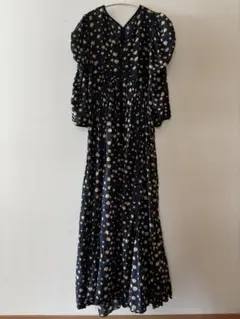 IENA ネイビー金ドット　パフスリーブマキシドレス