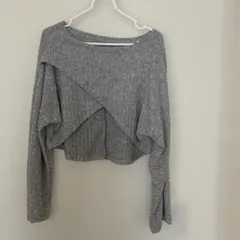 リブ編み クロスオーバー 長袖トップス グレー