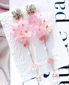 ◇新作◇さくらロングイヤリング　フラワーイヤリング　スワロフスキーイヤリング