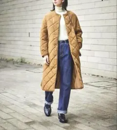 【中古品】キルティング ロングコート レディース キャメルブラウン 軽量 M〜L