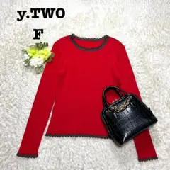 長袖ニット　セーター　リブ　フリル　刺繍　レッド　カジュアル　シンプル　フリー