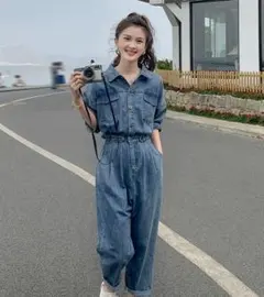 春夏お洒落☆デニムジャンプスーツ　普段着・女子会に最適　ワークウェア風