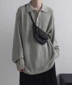 remer ルーズドライニットポロシャツ〔長袖〕 ライトグレー