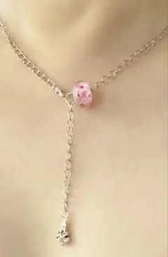 花模様ピンクビーズ ステンレスチェーン ハンドメイド ネックレス