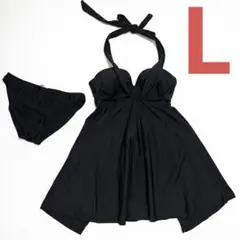 体型カバー水着レディースワンピース風セパレート黒Lサイズ極美品フレアバックリボン