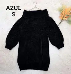 アズール 膝丈ニットワンピース(S)黒 タートルネック モコモコニット