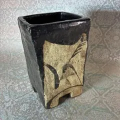 古黒織部植木鉢 角型 黒釉 盆栽鉢