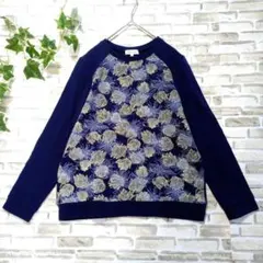 シンプルライフ　ロンT　トップス　Ⅼ　ネイビー　花柄　日本製　綿100%　冬