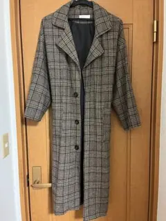 ブラウン　チェック　ロングコート　腰リボン付き