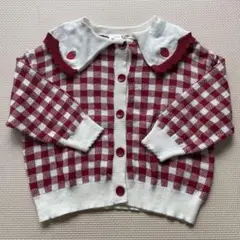 バースデイ futafuta いちご刺繍　赤チェック ニットカーディガン 95