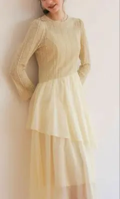 ドリードールレースxティアードドレス オケージョンドレスシアー イエローM