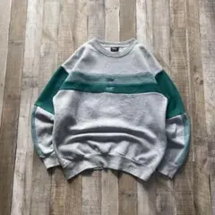 USA古着 刺繍 スウェット トレーナー ツートンカラー グレー グリーン M
