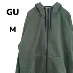 ジーユー【M】美品 カーキ ジップアップパーカー フード付き コットン混