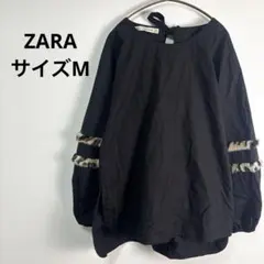 【ZARA BASIC】希少・レオパードファー切替ブラウス M 黒 バックリボン