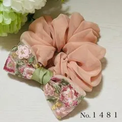 リボンシュシュ 花柄 ピンク ハンドメイド No.1481