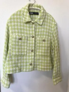 ZARA ツイードジャケット チェック ライトグリーン　千鳥柄 ザラ