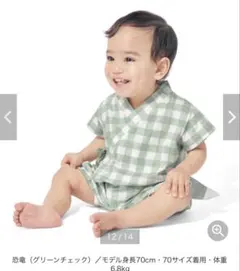 グリーンチェック 恐竜ロンパース