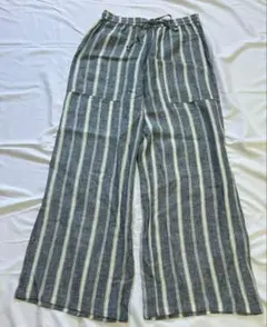 ストライプ リネンワイドパンツ　大きいサイズ　ウエストゴム　a2417