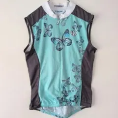 パールイズミ サイクルジャージ スタンドカラー ノースリーブ 蝶 S 青黒