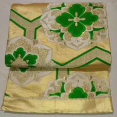 袋帯 アンティーク 金色と緑色の花柄 六通帯