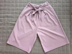 キッズ　120　パンツ　ワイド　ボトムス　スカンツ　ウエストリボン　くすみピンク