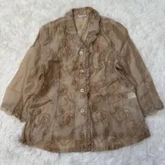 【デザインブラウス】シースルー　フリル　総柄　な花柄　M 日本製　古着