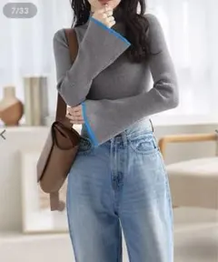 フレアスリーブ リブ編みニット トップス