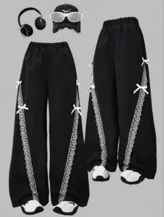 SHEIN Flame kids ワイドパンツ レース ブラック リボン ズボン