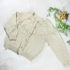 ウール100 ポンポン ニット カーディガン 레트로 ヴィンテージ アイボリー
