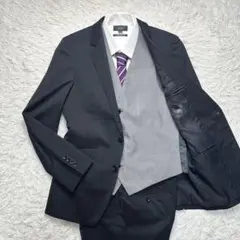 美品 スーツセレクト スリーピース リバーシブルジレ ウール混 黒 A5