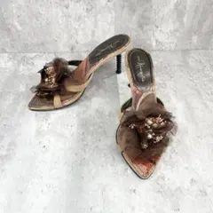 銀座かねまつ【22cm】ミュール 花 コサージュ付き 上品 ヒール 春夏コーデ