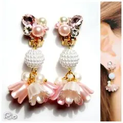 桜ピンク クリスタル パール 春フラワー ビジュー♥イヤリング【No.120】