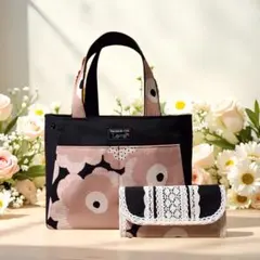 ハンドメイド トートバッグ＆長財布セット　ストライプ花ベージュ＆黒　北欧　帆布