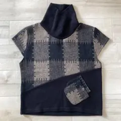 デザインニット ベスト タートルネック チェック柄 ネイビーショート丈モード古着