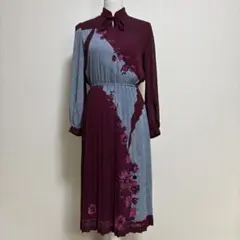 昭和レトロ 花柄 バーガンディー シアープリーツワンピース ヴィンテージ 日本製